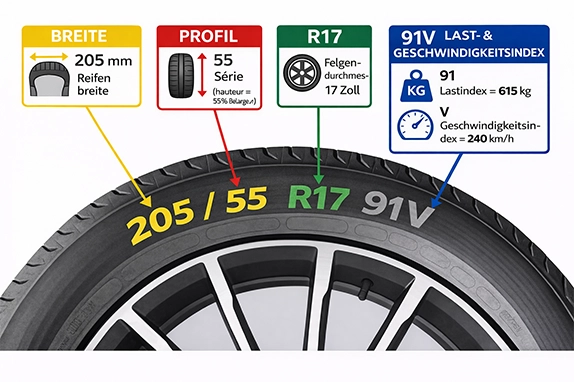 Reifenmaße 205 55 R17 91V Breite Höhe Felgendurchmesser Lastindex Geschwindigkeitsindex